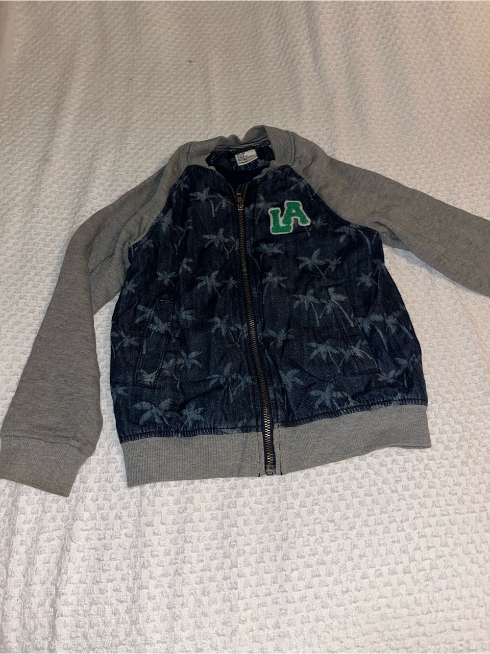 H&M Navy Palm-Print Zip Jacket with Gray Sleeves and Green LA Patch